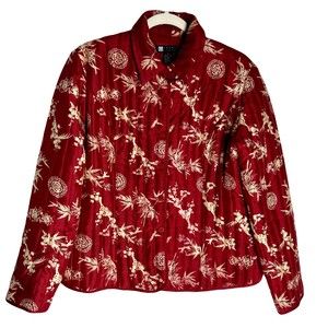 CAROLE LITTLE Womens Mandarin Print Blazer Jacket Size L Red Silk Button Down